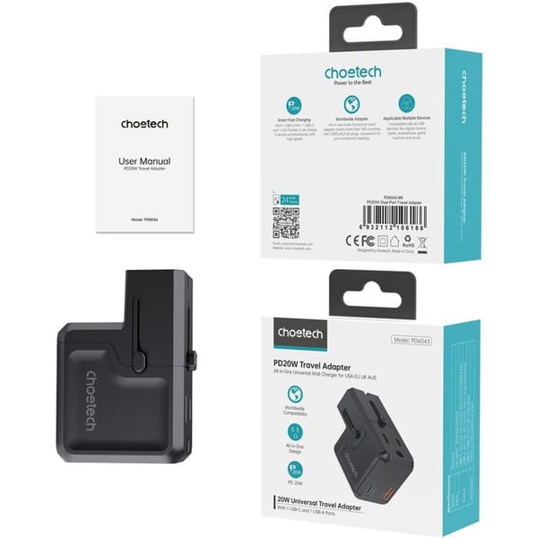 Rejse vægoplader - Chotech PD20W - 1× USB-A - 1× USB-C - Beskyttelse mod overspænding