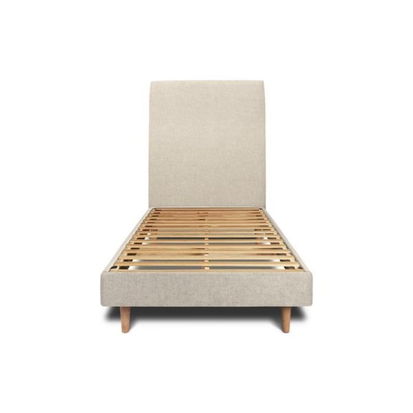 Säng 90x200cm med klädd sänggavel i tyg och sängbotten kit Ljus beige - Total höjd: 29cm