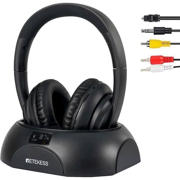 Retekess TA006 Trådlösa TV-hörlurar, Ljudhörlurar, 8 H, Räckvidd 30 m, Stereohörlurar 3,5 mm, RCA-ingång, Koaxialkabel, Ljudkabel