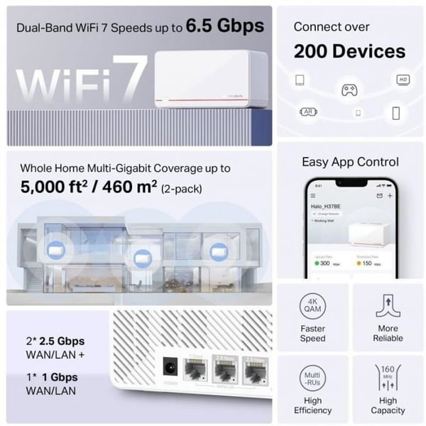 Modem - router Mercusys Halo H37BE (paket om 3) WiFi7 Mesh (BE6500, 2,4 GHz/5 GHz, 2 x 2,5 GbELAN/WAN, 1 x GbELAN/WAN)