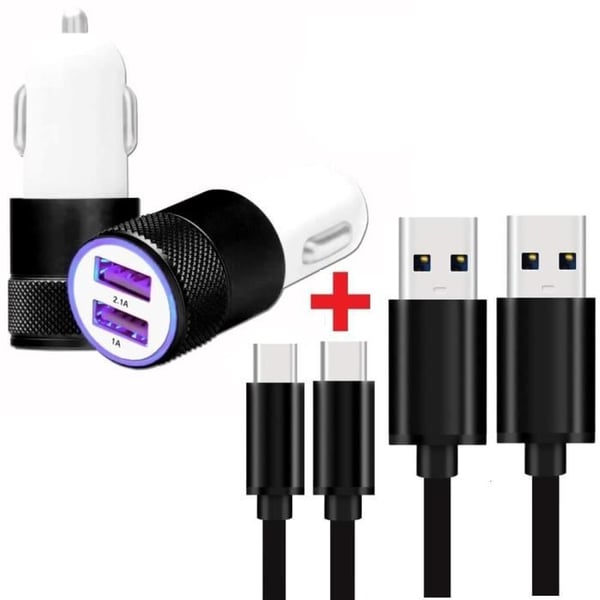 Autoladdarpaket + 1 USB-C-kabel för TCL Tab 8 4G Ultrakraftig och snabb laddare 2X (5V - 2.1A) + 1 1M kabel - SVART