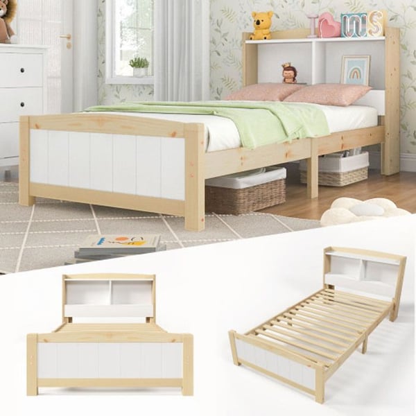 Seng simpel - MUVOE - 90 x 200 cm - Massivt træ i naturlig og hvid - Hovedgærde med opbevaring - 1 person