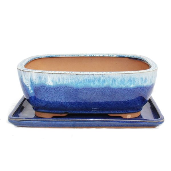 Bonsai-kärl med underlägg St. 4 blå/beige rektangulär Modell G5B L 25,5cm B 19cm H 9cm