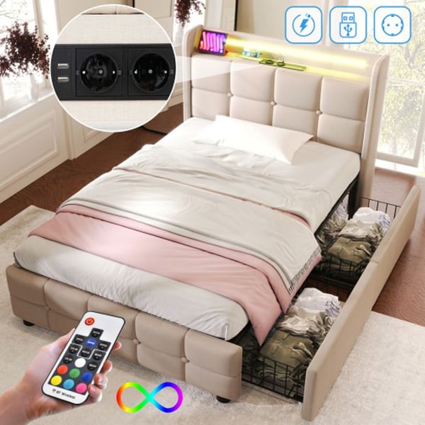 Lit - MUVOE - 90x200 cm - Beige - Hovedgærde med USB - LED-belysning - 2 skuffer