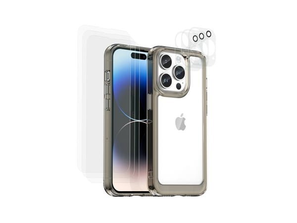 Skal för iPhone 14 Pro - AVIZAR - Stötsäker - 360° skydd - 6 glas i härdat glas - Transparent svart