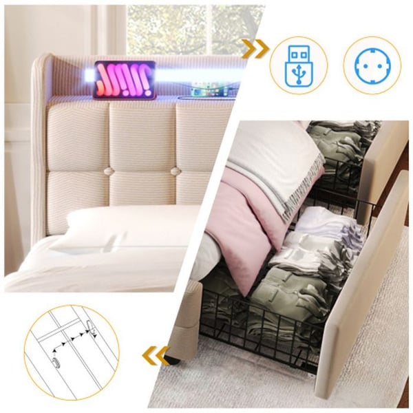Lit - MUVOE - 90x200 cm - Beige - Hovedgærde med USB - LED-belysning - 2 skuffer