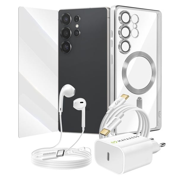 Pack Essentiel för Galaxy S25 Ultra Fodral, Glas, Laddare, Hörlurar (5 delar) Mayaxess Silver