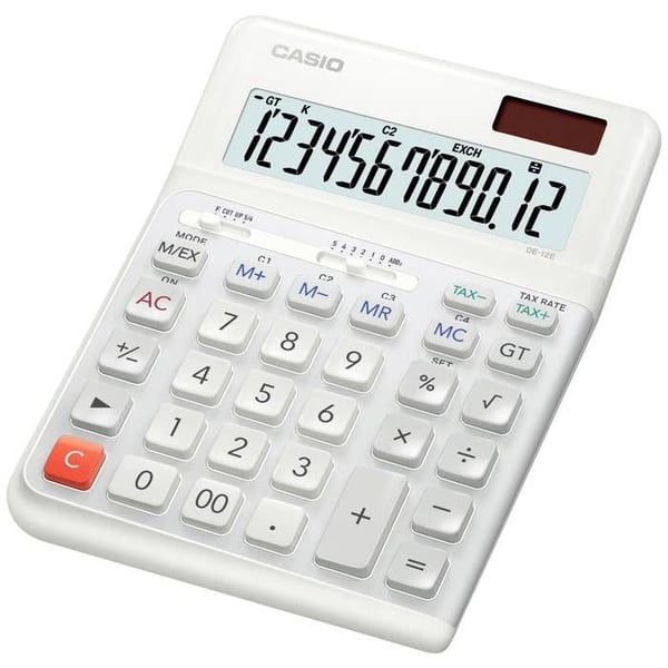Casio DE-12E-WE Skrivbordsräknare vit Display: 12 batteridrivna, solenergidrivna (B x H x D) 140 x 188 x 35 mm