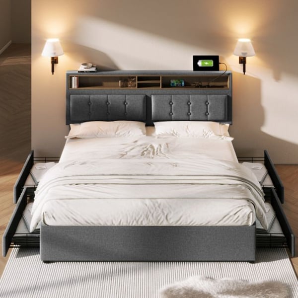 Dobbelt seng MUVOE 140x200cm - 4 skuffer - USB C stik - Justerbar hovedgærde - Inkluderet madras