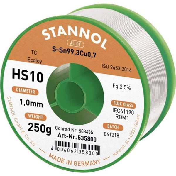 Blyfri lödtenna - STANNOL - HS10 2510 - 250 g - 1 mm - Sn99.3Cu0.7