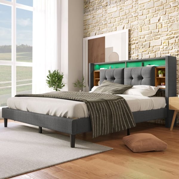 Dobbelt polstret seng - MUVOE - 140x200CM - Med USB-oplader - LED-belysning - Integreret opbevaring