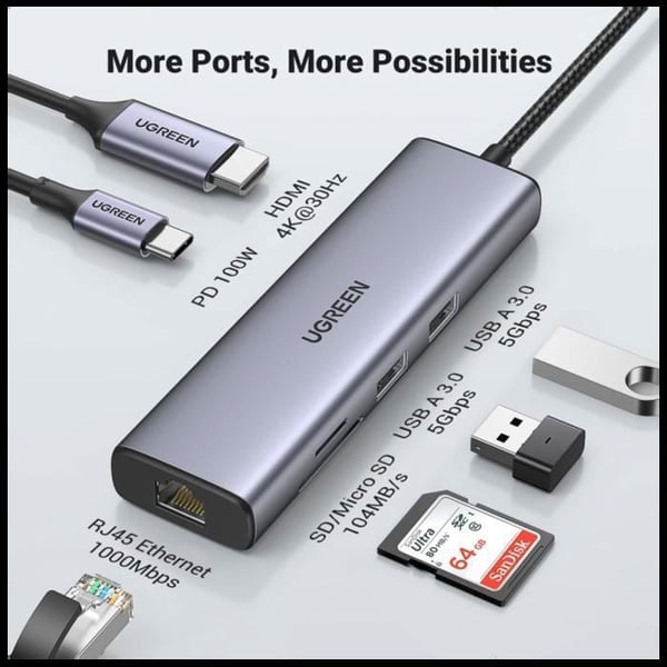 USB-C Hub - UGREEN - 90568 - 2x USB 3.0 - HDMI 4K30Hz - Snabbladdning PD