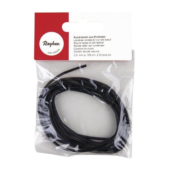 Runda nötskinnsband, 2 mm ø, svarta, 100 cm, 2 st.