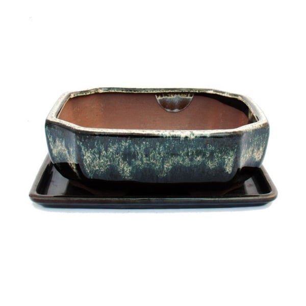 Skål för bonsai med fat Gr. 3 - specialglasyr med gradienteffekt - rektangulär G117 - svart och vit - L 21cm - l 16cm - H 7cm