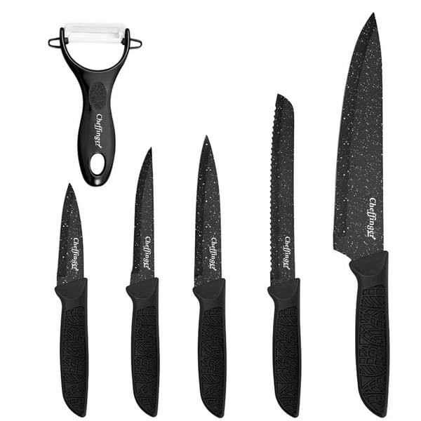 Set med 6 knivar med marmor-effekt, non-stick, med svart Cheffinger skalare