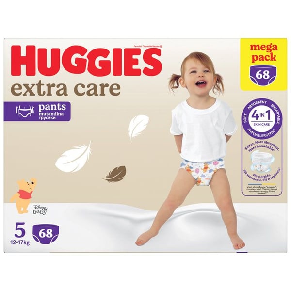 Huggies - Extra Care Babybyxor - Storlek 5 (12-17 kg) - 68 stycken - Megapack - Hypoallergena, mjuka och andningsbara
