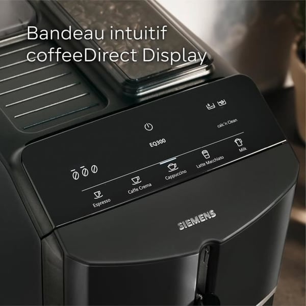 SIEMENS Helautomatska kaffe-maskin EQ300 ceramDrive milkPerfect svart piano TF301E19