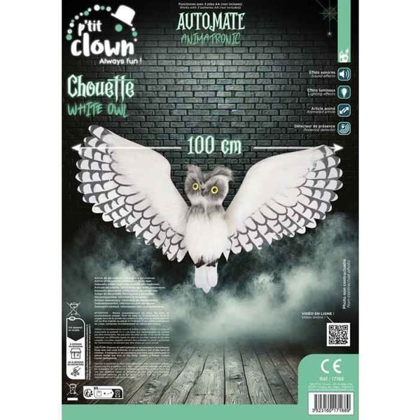 Dekoration Animerad - PTIT CLOWN - 17168 - Uggla i Vita Fjädrar - 100 cm - Ljud och Ljus
