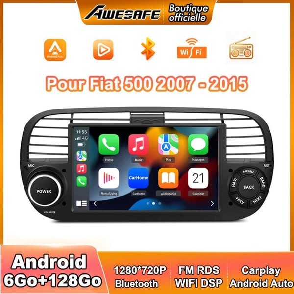 AWESAFE 4G Android 13 6GB+128GB bilradio för Fiat 500(2007-2015) med 7-tums pekskärm Carplay Android Auto GPS WiFi DSP FM