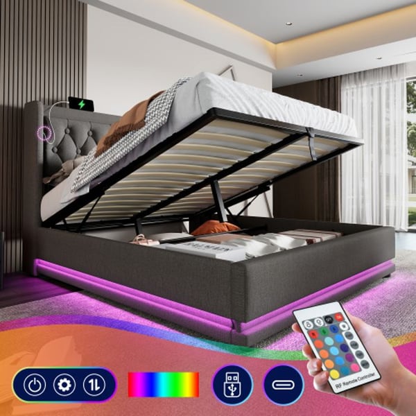 Päälystetty sänky - MUVOE - 160x200 cm - Harmaa - Hydraulinen säilytys - Integroitu USB-portti
