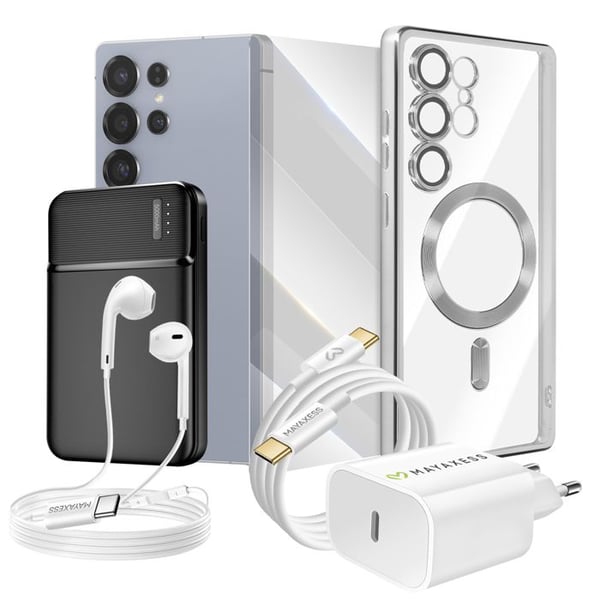 Komplett paket för Galaxy S25 Ultra Fodral, Glas, Laddare, Extern batteri, Hörlurar (6 delar) Mayaxess Silver