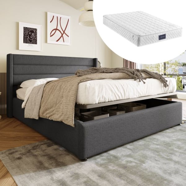 Senge med opbevaring 140x200 cm - MUVOE - Madras inkluderet - Træ lamelbund - Grå - Moderne design
