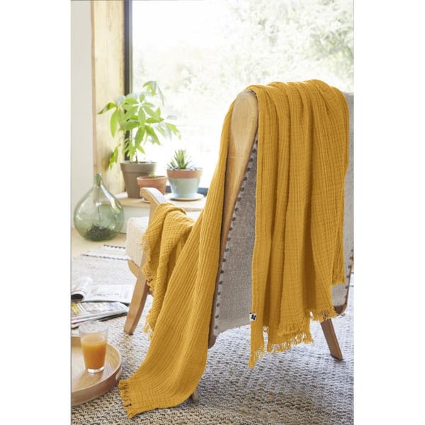 Fransad filt "Gaïa" alla storlekar "Cotton Gauze" - Gaïa Safran - 180 x 220 cm