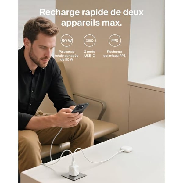 Multifunktionell USB-C-laddare - Belkin - 50 W - 2 USB-C-portar - Snabbladdning - GaN-teknologi - Universell kompatibilitet