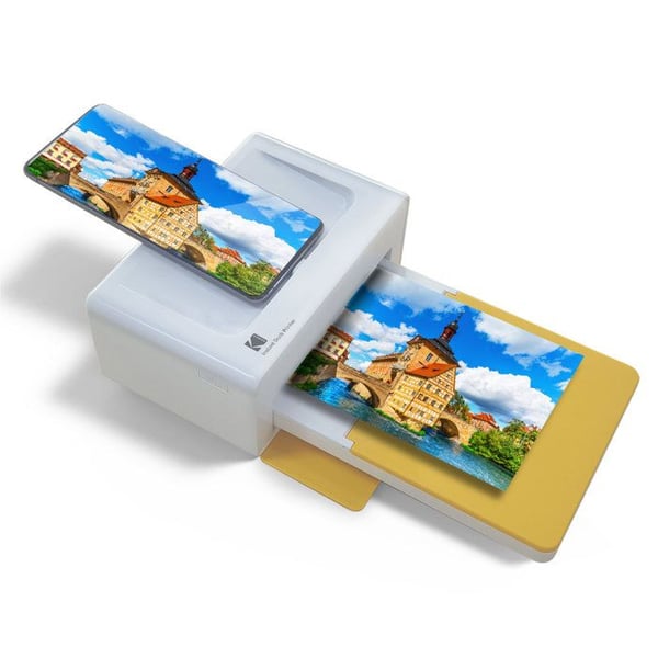 KODAK PD460 – Fotoprinter i postkortformat 10x15 cm Bluetooth & Docking - 10 inkluderade foton - Vit & Gul