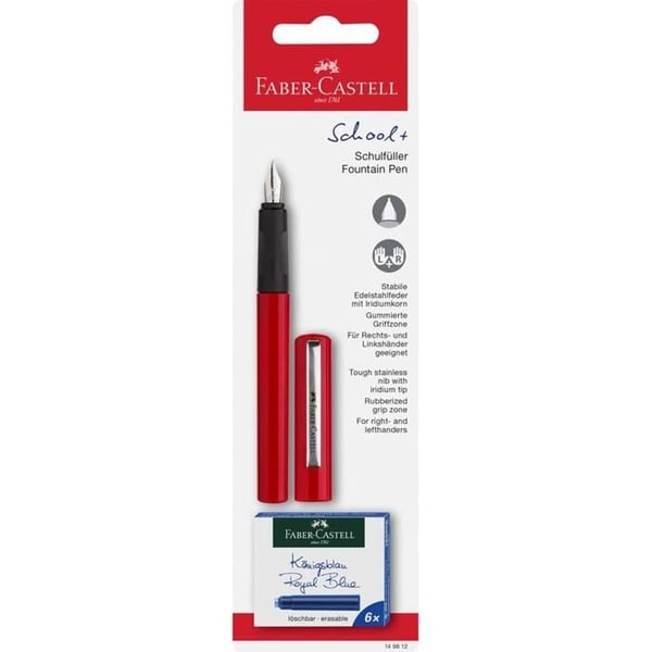 Fjäderpenna - FABER CASTELL - Skola+ - Röd - 6 Bläckpatroner - Spets i Rostfritt Stål