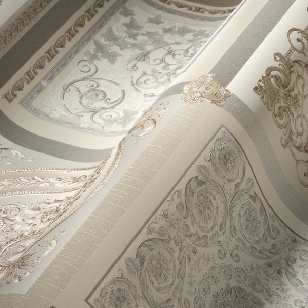 VERSACE TAPET Barock lyxig blommig 387042 Grå Beige Silver Vit Medusa Logotyp 10,05x0,70m Tillverkad i Tyskland