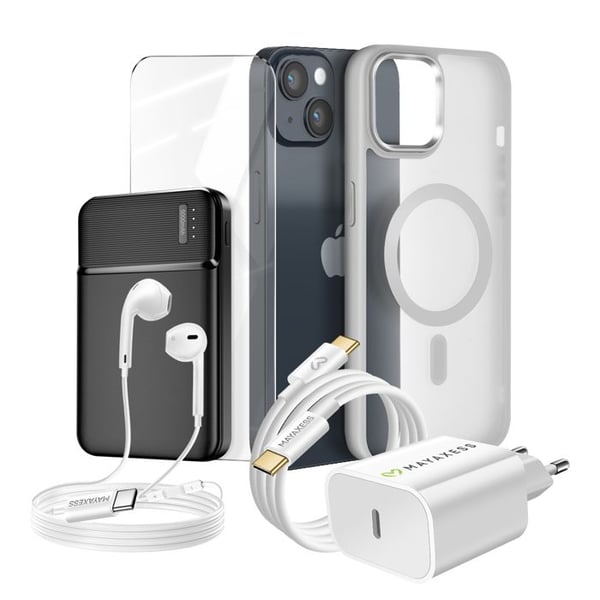 Komplett paket för iPhone 14 Fodral, Glas, Laddare, Extern batteri, hörlurar (6 delar) Mayaxess Grå