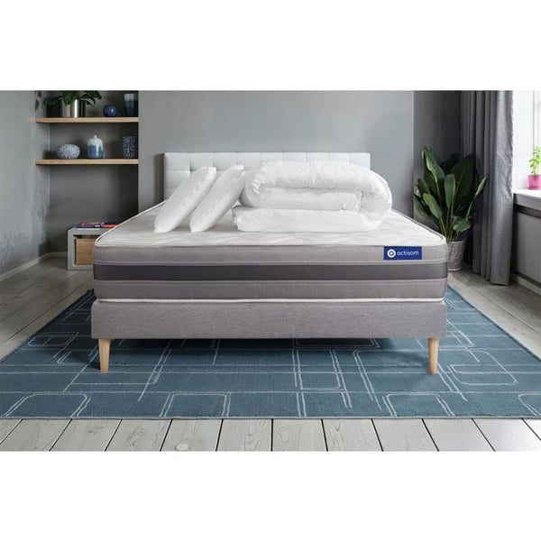 Komplett sängpaket 160x200 cm - Madrass + Sängbotten Grå (i kit) + 2 kuddar + Täcke - Actilatex Re