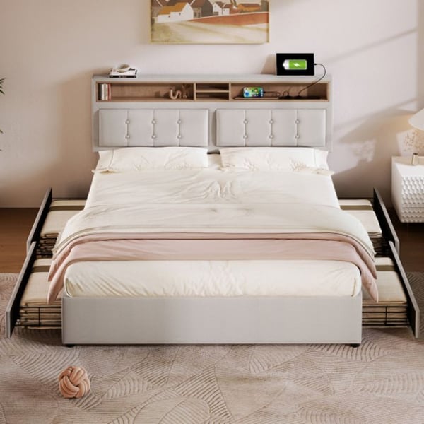Säng 140x200cm - MUVOE - Polstrad - Justerbar sänggavel - 4 lådor - Integrerad USB C-uttag