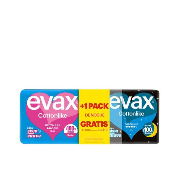 Hygienbindor Pack med EVAX COTTONLIKE normala dagbindor 32 enheter + nattbindor 11 enheter