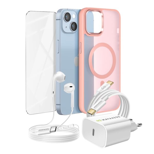 Pack Essentials för iPhone 14 Fodral, Glas, Laddare, Hörlurar (5 delar) Mayaxess Rosa