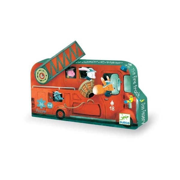 Puzzle Silhouette 16 dele - DJECO - Brandbil - Brandmandsdyr - Silhuet opbevaringsboks