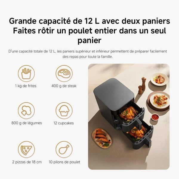 XIAOMI Air Fryer 12L - Dubbelzons oljefri friterare - 40 till 230 °C - 14 förinställda lägen - Smart programmering - 2800W