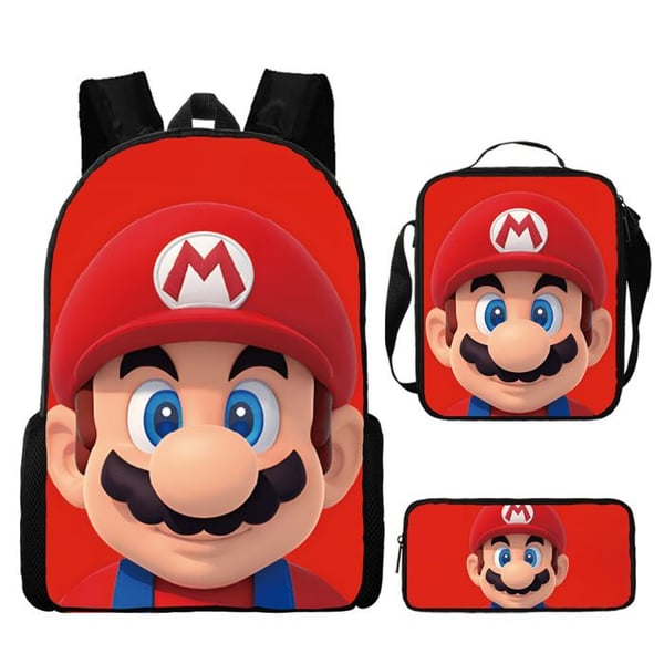Tecknad ryggsäck 3 delar ryggsäck Set Laptopväska Reseryggsäck Game Fans, Mario Red