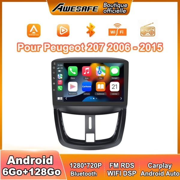 AWESAFE Bilradio Android 13 för Peugeot 207 (2006-2015) 6Go+128Go 9'' Pekskärm Carplay Android Auto GPS WiFi Bluetooth