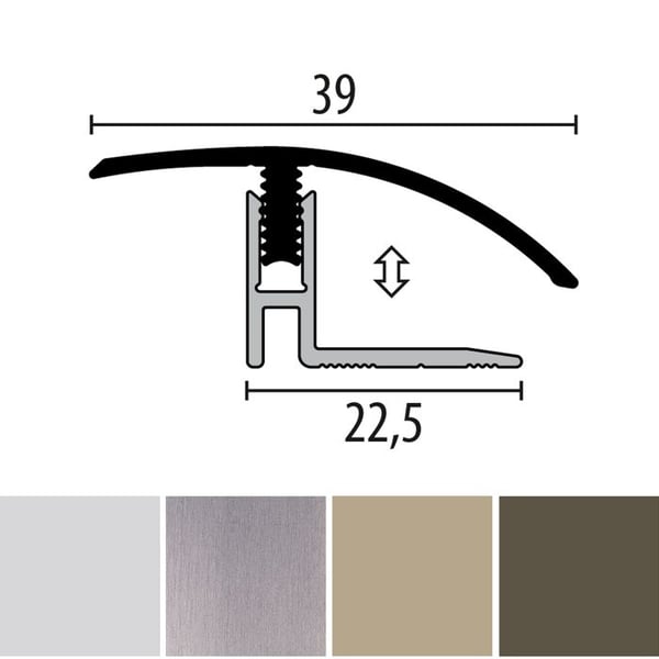 Tröskel i aluminium för parkett L 900 mm l 39 mm Höjdskillnad 12 - 17 mm med stålinspirerat utseende