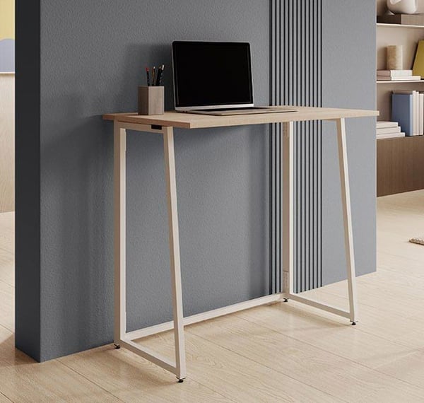 DESIGN AMEUBLEMENT - Hopfällbart kompakt skrivbord - Vitt & Sonoma - Lackerat metall - L 80,5 x H 75,5 x D 42 cm