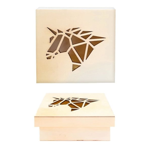 Träbox - Origami-utskärning - Enhörning - 11,3 x 11,3 x 5 cm - Beige - Flicka Barn
