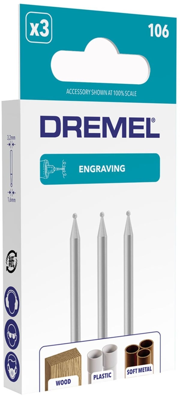 DREMEL 106 gravyrskärare - set om 3 (rund spets, Ø 1,6 mm) för skulptering och gravering i trä
