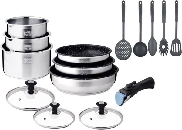 Arthur Martin, Köksset, 15 delar med kastruller 16-18-20 cm stekpanna 20-22-26 cm non-stick lock 16-18-20 cm 5 1