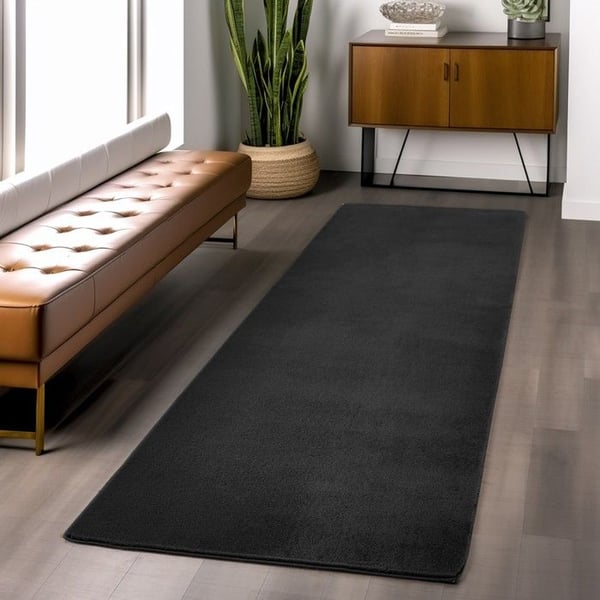 Tvättbar svart matta med korta hår, halkfri och mjuk, modern enfärgad design för vardagsrum, sovrum (Dimension: