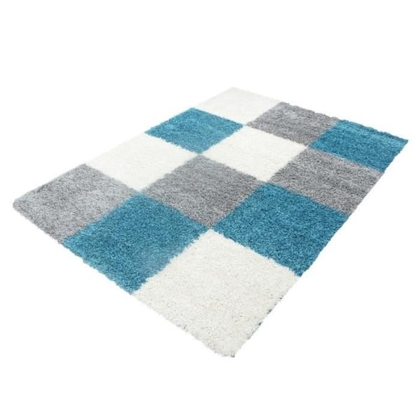Tapis Shaggy - Ayyildiz - Rutig design - Turkos-Vit-Grå - 80x150 cm - 30 mm höjd på lugg