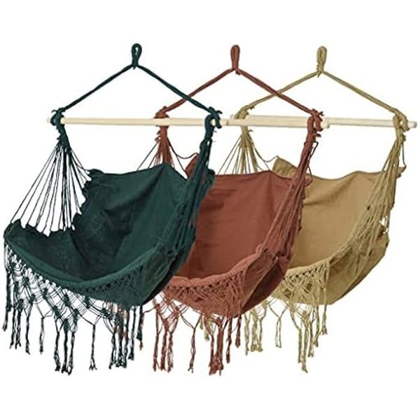 Trädgårdshängmatta - PRGN - 30 x 130 x 100 cm - Polyester - Trä - Fransar - Sandbrun/grön/röd