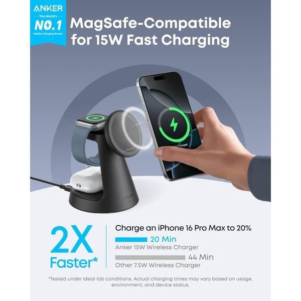 Trådløs oplader - ANKER - MagGo - 15W - 3-i-1 - Qi2 certificeret