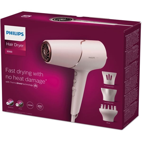 Philips 5000-seriens hårtork - ThermoShield-teknik - Volymdiffusor och 9 mm och 11 mm koncentratorer